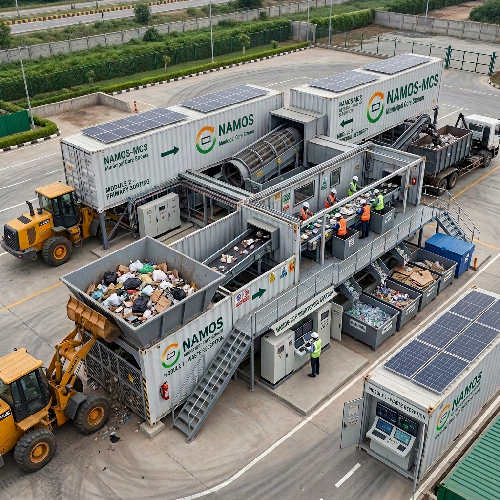NAMOS-MCS Municipal Core Stream Modular Waste Spine Mini Plant showing Waste Reception, Primary Sorting, Material Recovery and Digital Control Center