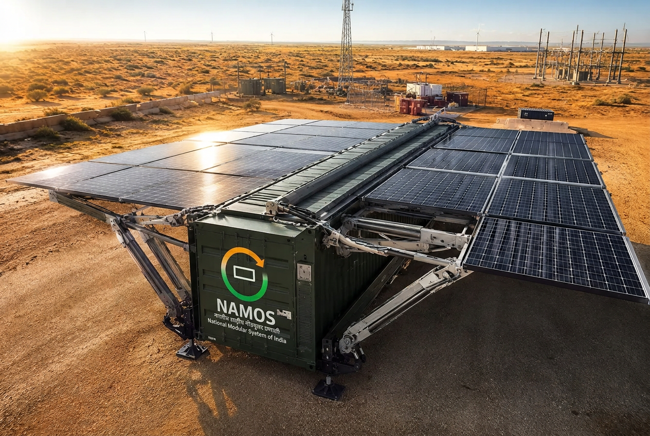 NAMOS-ECOGRID unit with solar wings deployed generating power on site