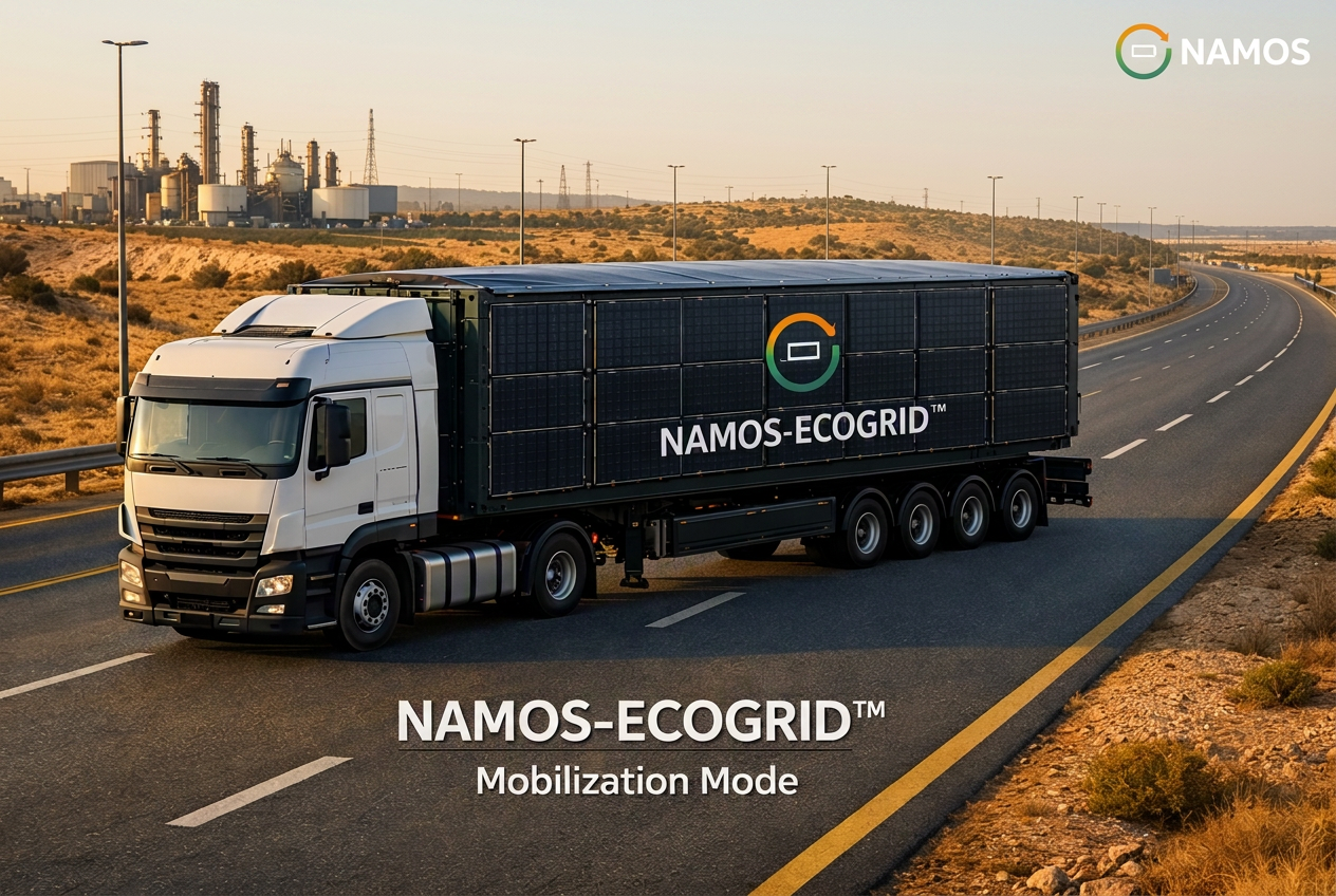 NAMOS-ECOGRID container with closed solar wings mounted on a transport truck