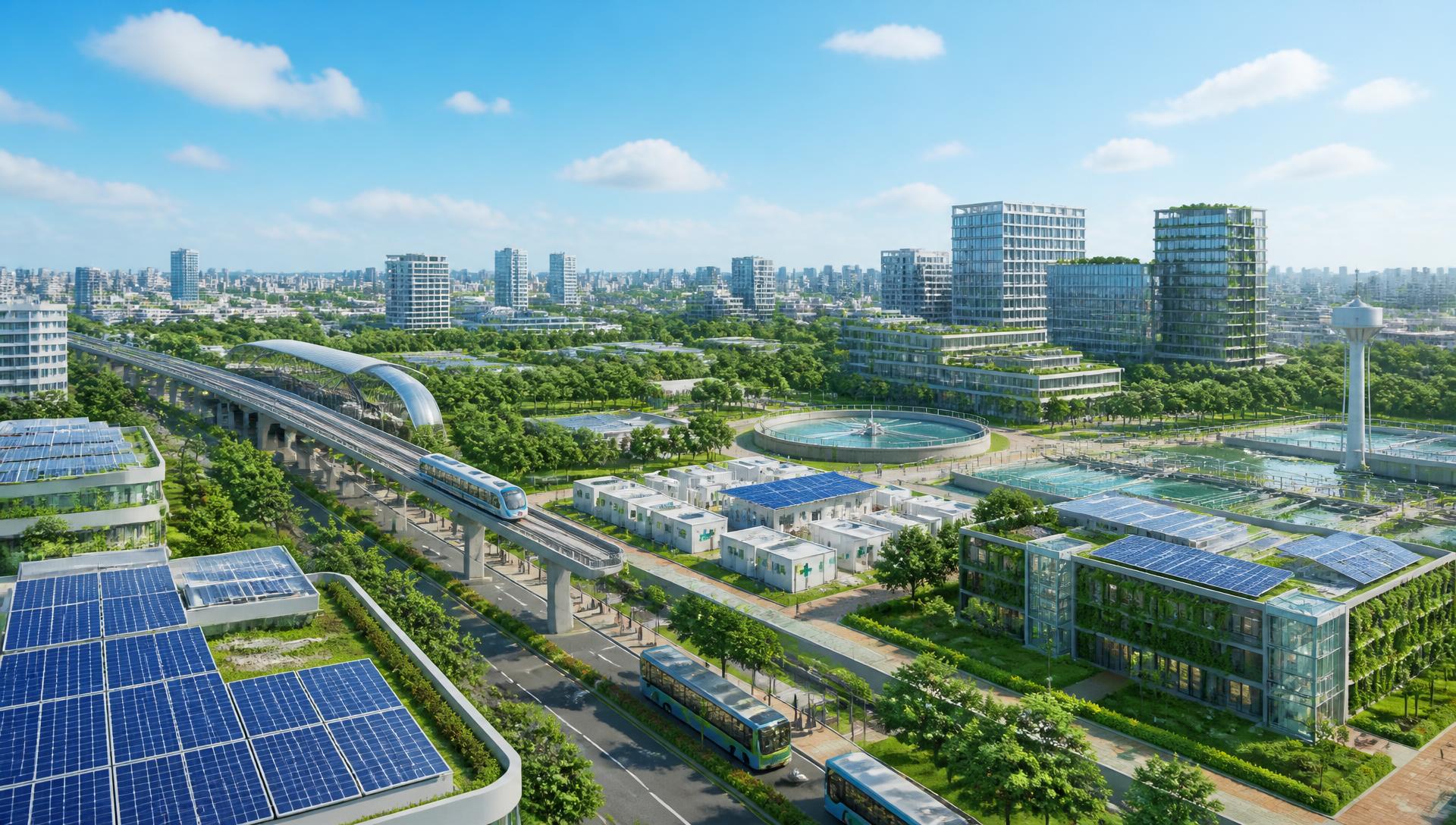 Aerial view of a green, future-ready Indian smart city with solar rooftops, metro transit and healthcare units