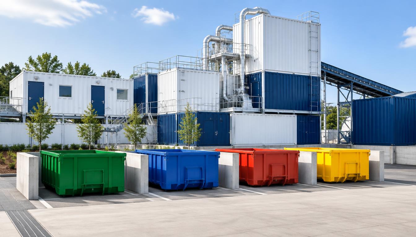 Modular waste management units with green, blue, red and yellow sorting containers in a clean campus