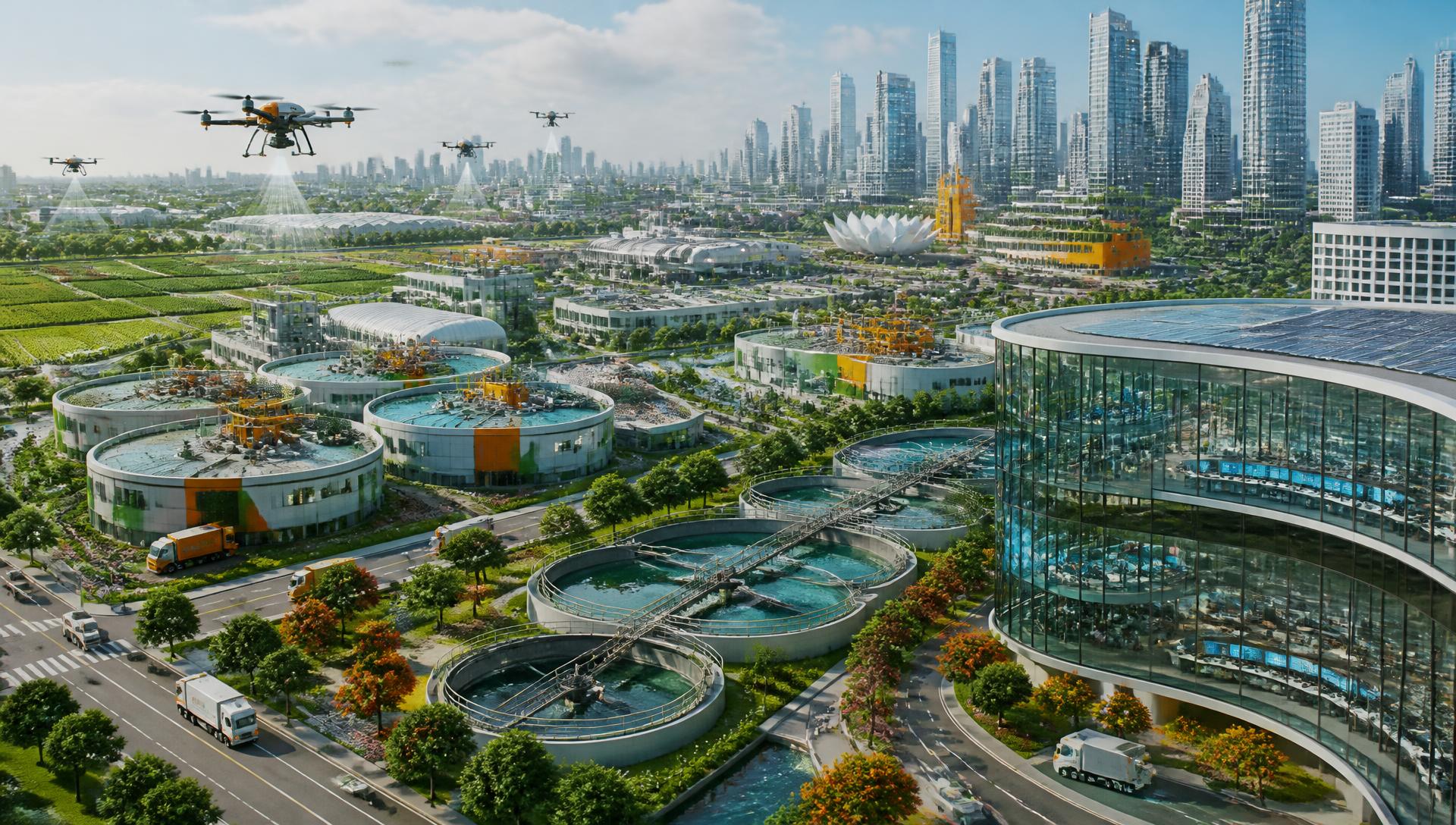 Modular Indian infrastructure ecosystem with circular resource recovery plants, water systems, agricultural drones and a digital control centre