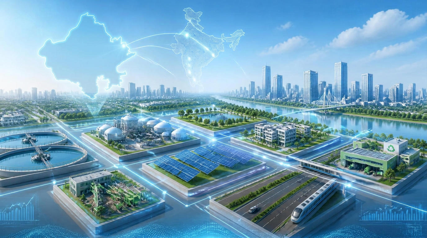 Modular infrastructure blocks connected by digital networks across a smart city with water, waste, mobility and energy systems, scaling from Rajasthan to India