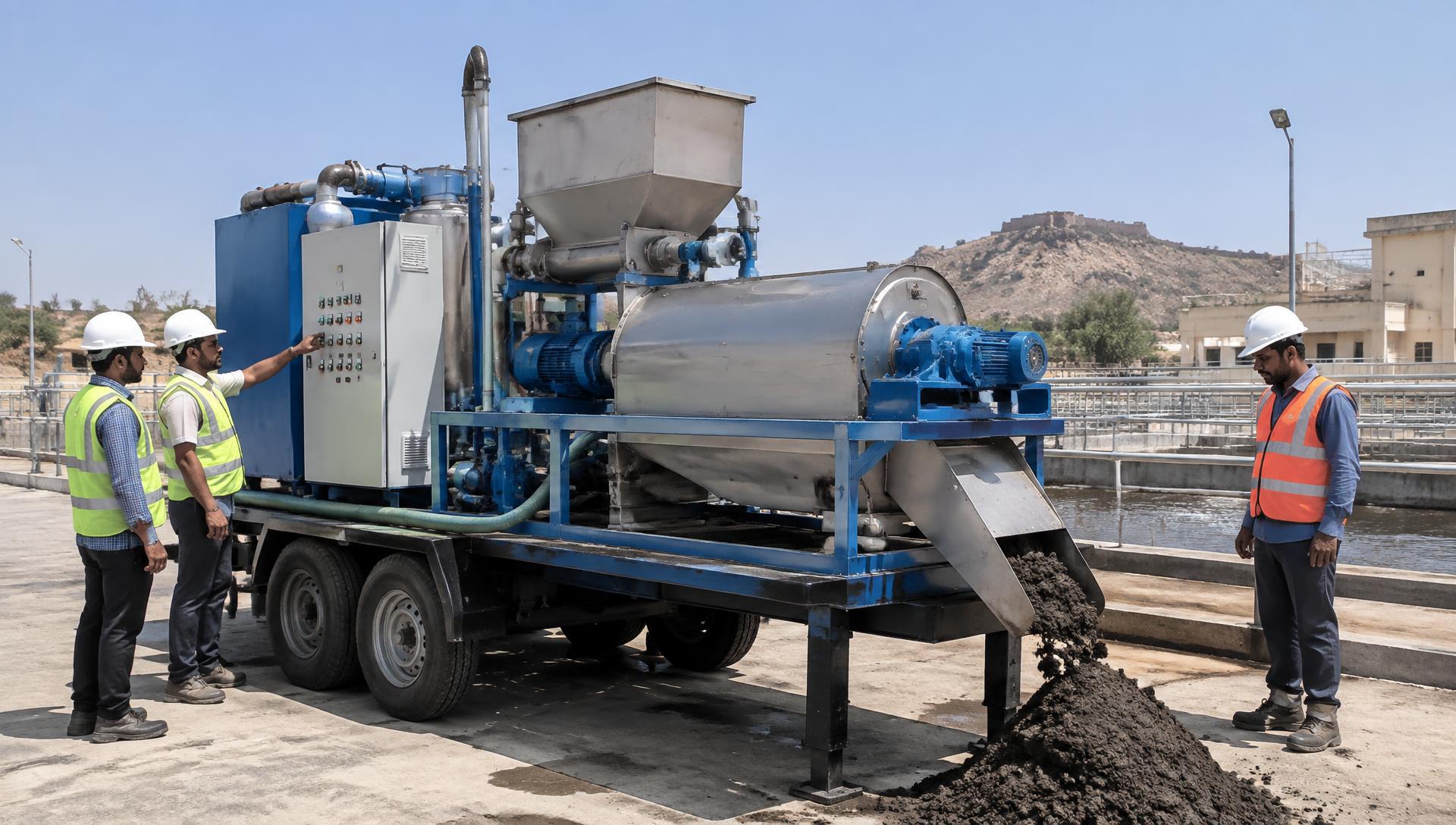 Mobile sludge dewatering unit deployed at a municipal sewage treatment site in Rajasthan with municipal engineers inspecting the skid-mounted screw press